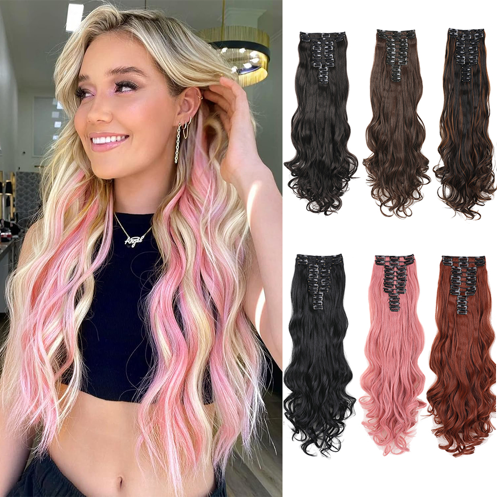 Wholesale & Custom 24 Inch Body Wave Clip in Hair Extensions, 12PCS Synthetic Wavy Hair Set with Stainless Steel Clips