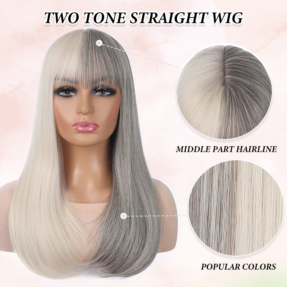 Wholesale & Custom 18 Inch Two-Tone Straight Wig with Bangs, Blonde & Grey Synthetic Long Straight Wig with Middle Part