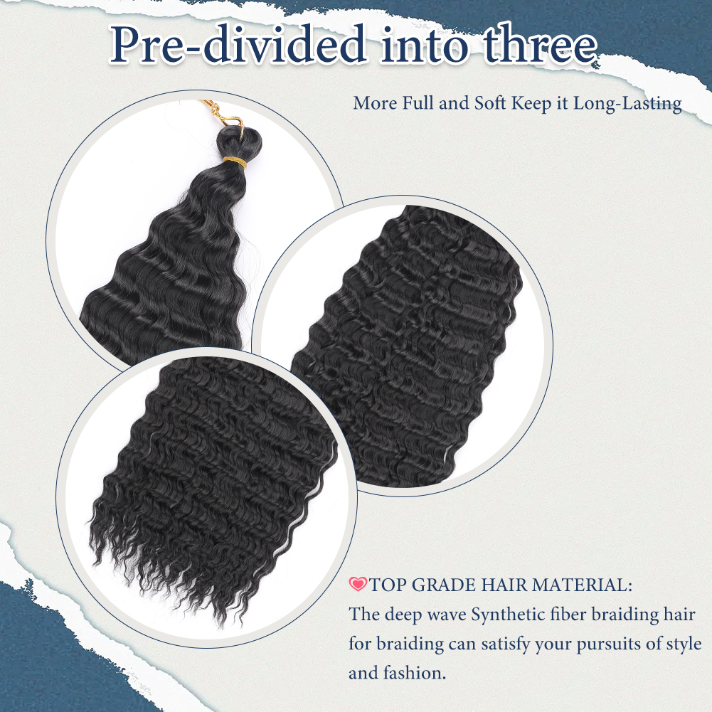 Wholesale & Custom 30&22 Inch Deep Wave Braiding Hair, Pre-Divided Synthetic Deep Wave Crochet Hair Extensions