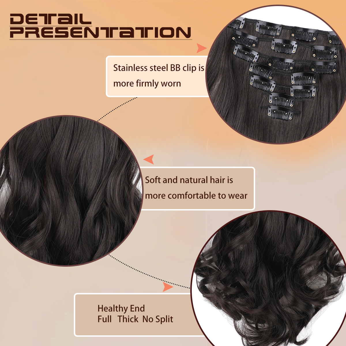 Wholesale & Custom 7PCS Wave Clip in Hair Extensions, Synthetic Wavy Clip-on Hair with Stainless Steel Snap Clips