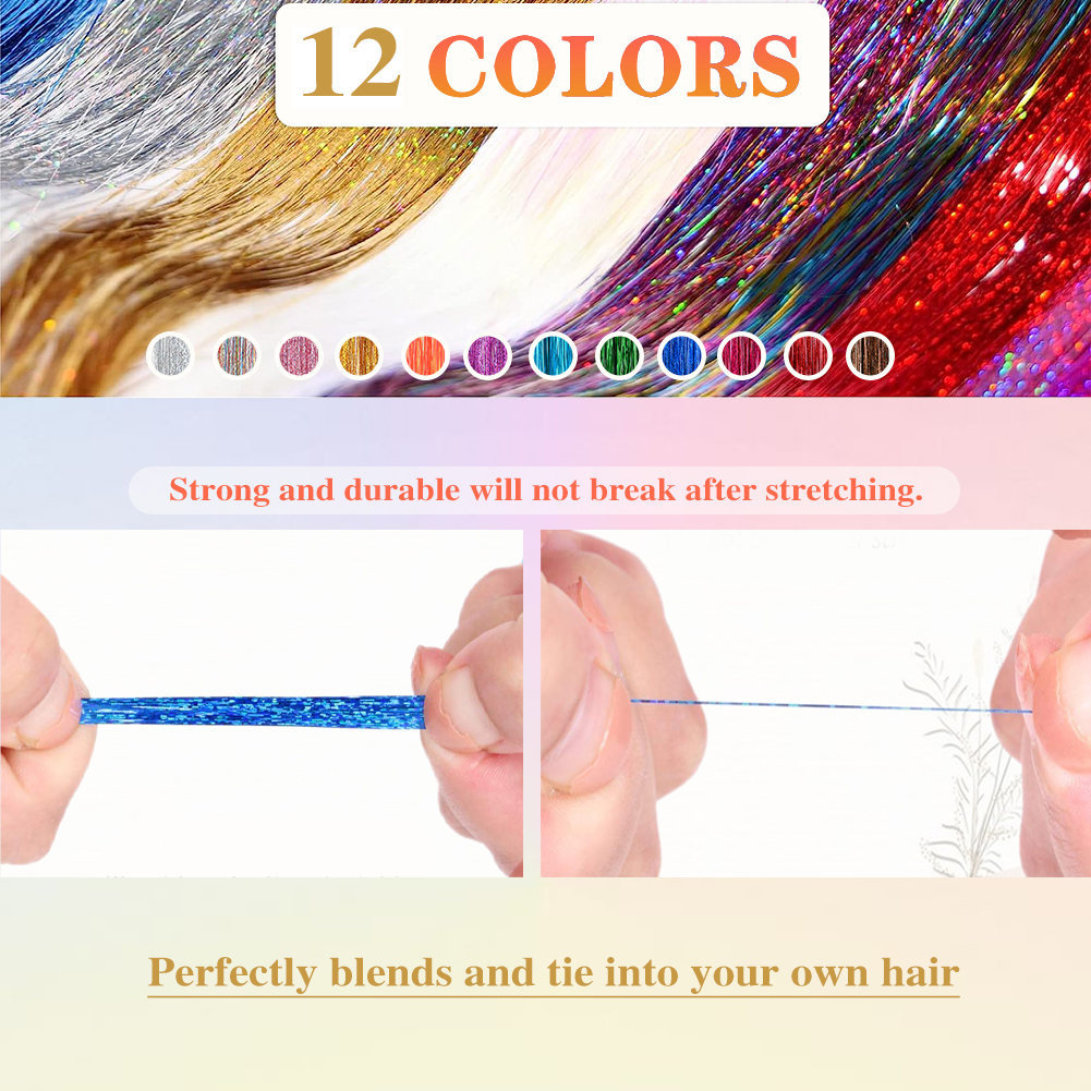 Wholesale & Custom 12-Color Hair Tinsel Kit, 24 Inch Shiny Glitter Hair Extensions with Installation Tools