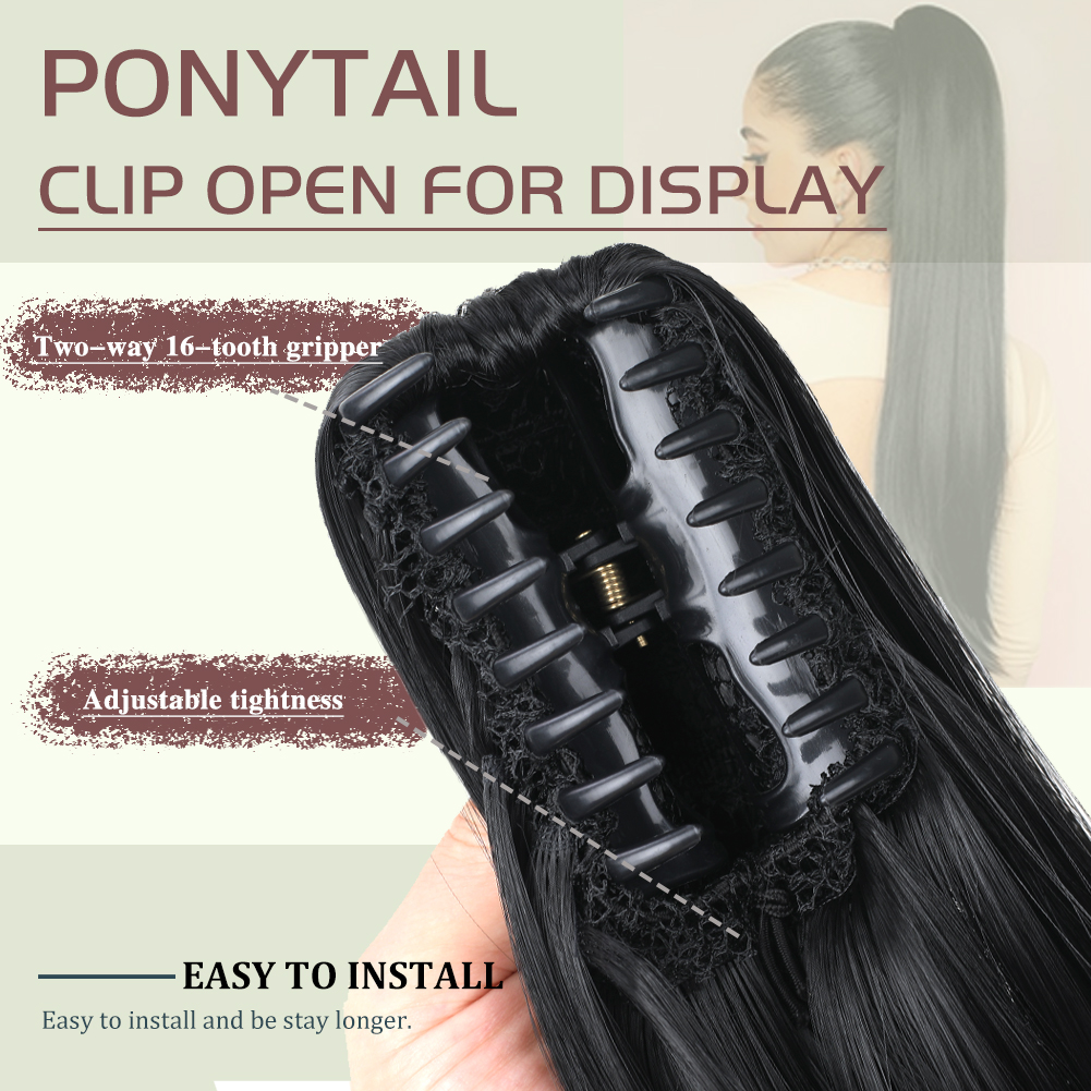 Wholesale & Custom 20 Inch Straight Claw Clip Ponytail, 16-Tooth Gripper Synthetic Long Ponytail Extension