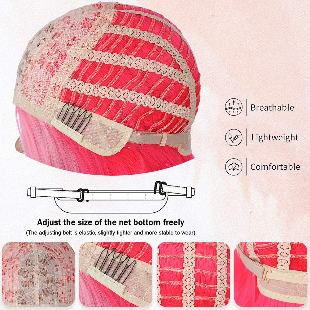 Wholesale & Custom 26 Inch Ombre Pink Wavy Wig, Synthetic Long Curly Wig with Realistic Parting & Adjustable Cap
