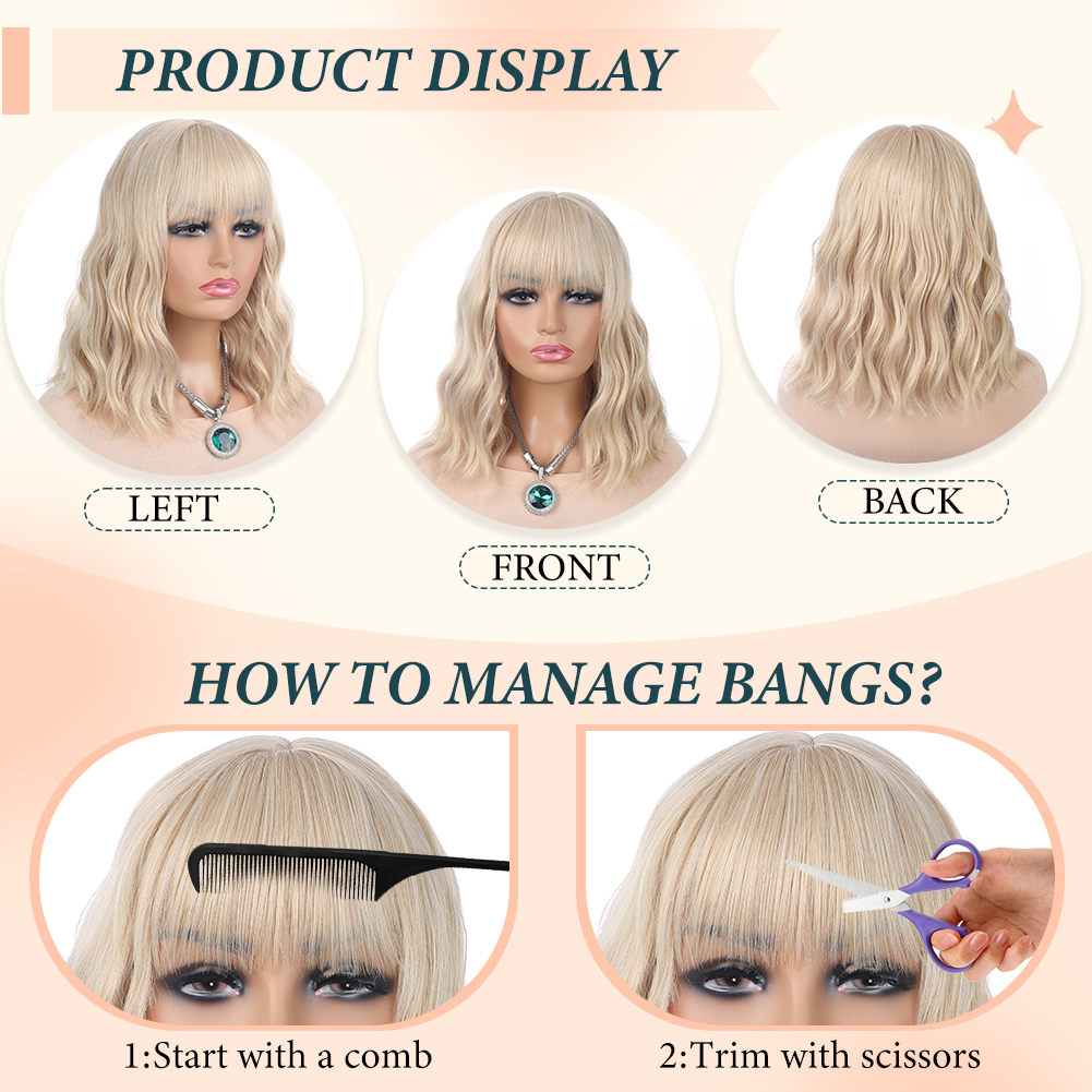 Wholesale & Custom 14 Inch Short Wavy Bob Wig with Bangs, Blonde Synthetic Curly Bob Wig with Adjustable Breathable Cap