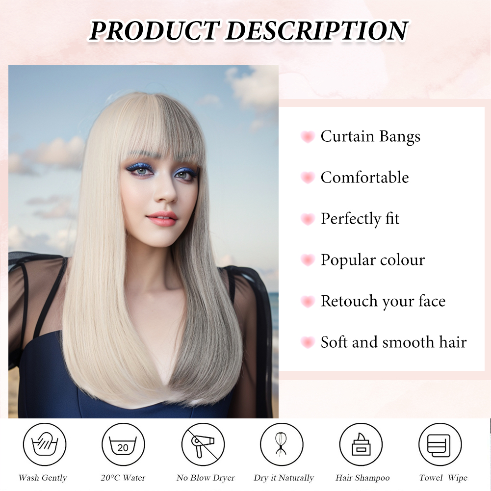 Wholesale & Custom 18 Inch Two-Tone Straight Wig with Bangs, Blonde & Grey Synthetic Long Straight Wig with Middle Part