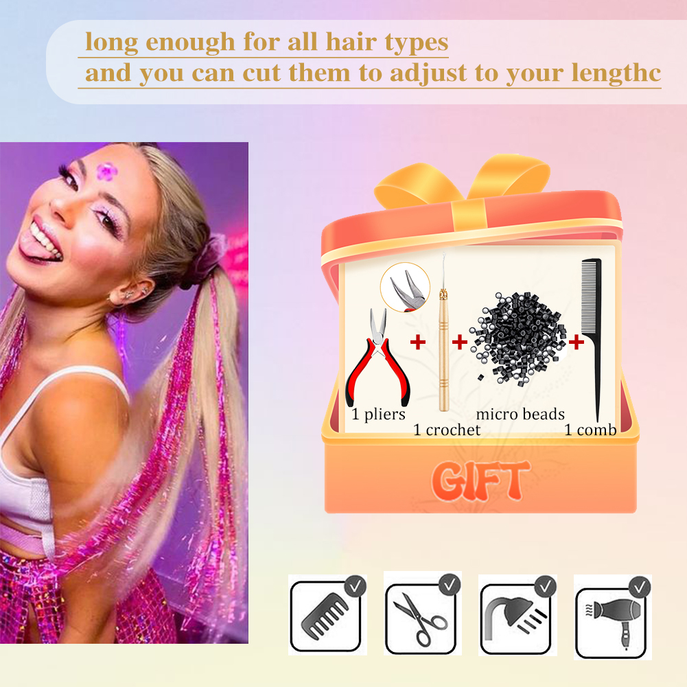 Wholesale & Custom 12-Color Hair Tinsel Kit, 24 Inch Shiny Glitter Hair Extensions with Installation Tools