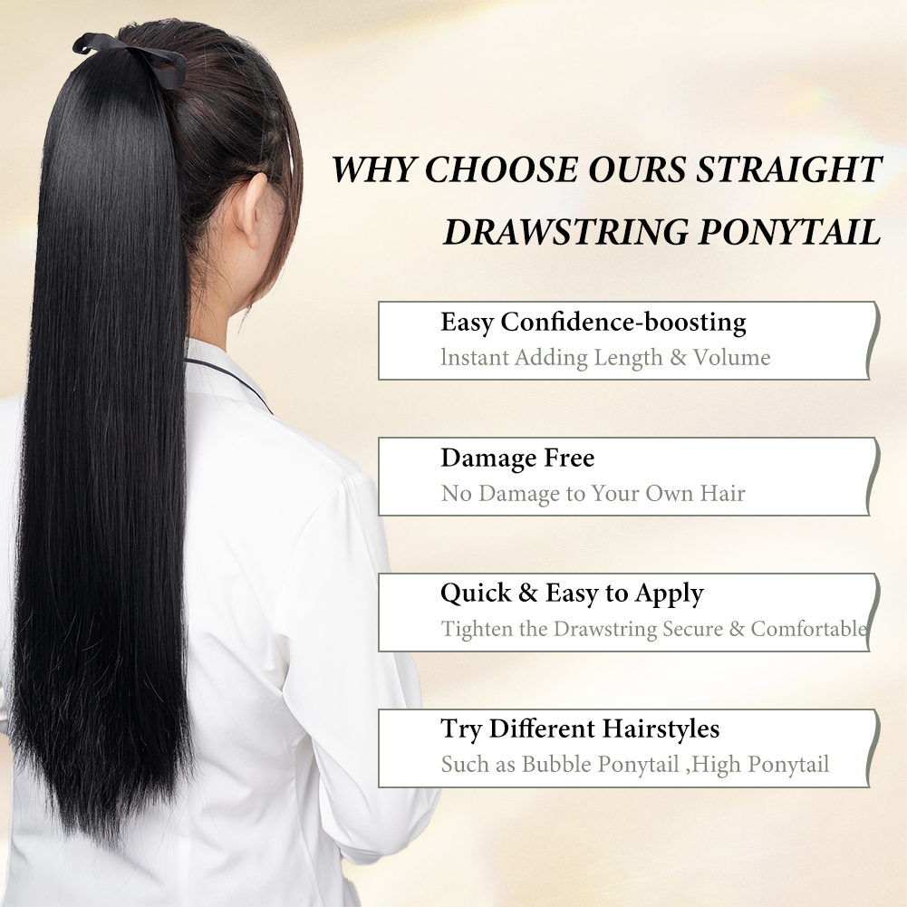 Wholesale & Custom 24 Inch Straight Drawstring Ponytail, Silky Synthetic Long Ponytail Hair Extension