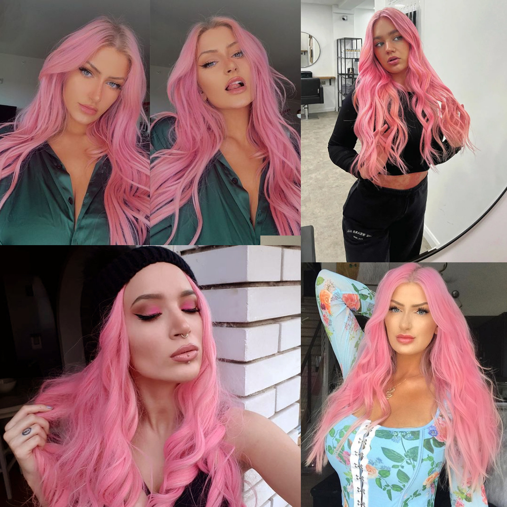 Wholesale & Custom 26 Inch Ombre Pink Wavy Wig, Synthetic Long Curly Wig with Realistic Parting & Adjustable Cap