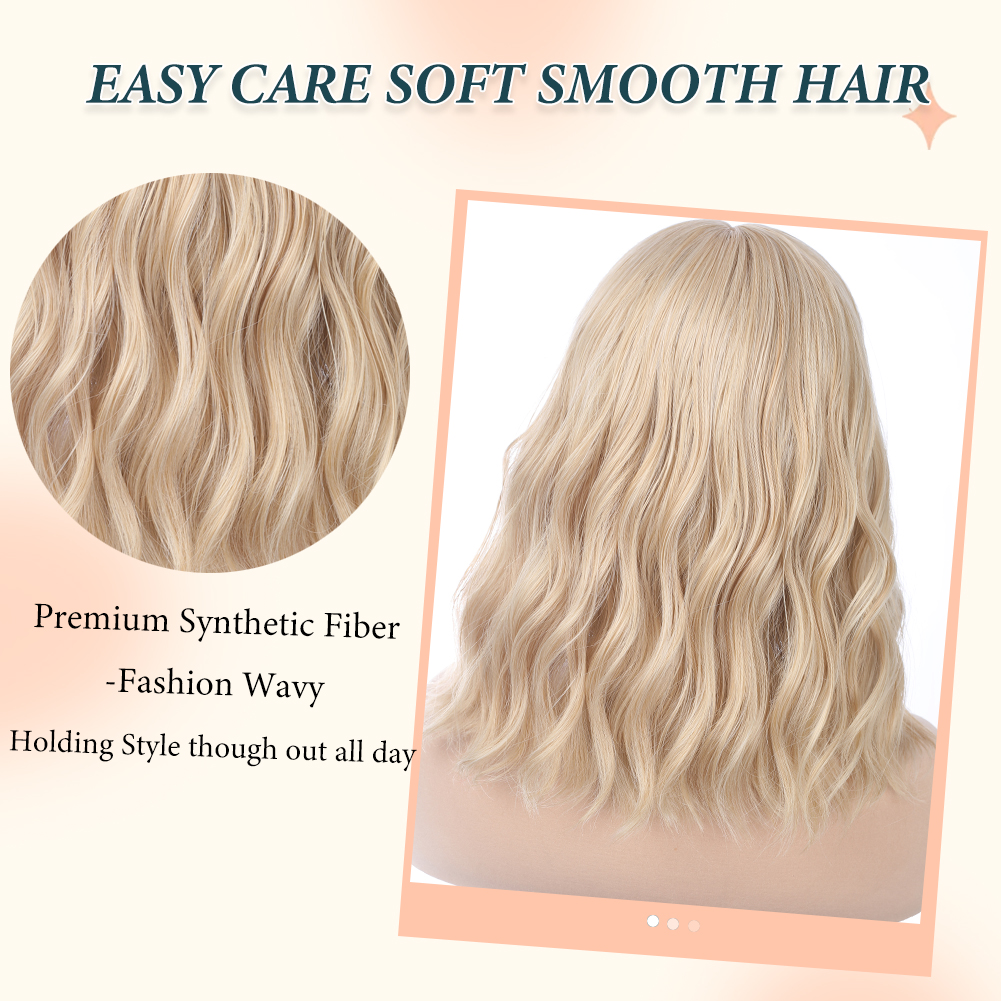 Wholesale & Custom 14 Inch Short Wavy Bob Wig with Bangs, Blonde Synthetic Curly Bob Wig with Adjustable Breathable Cap