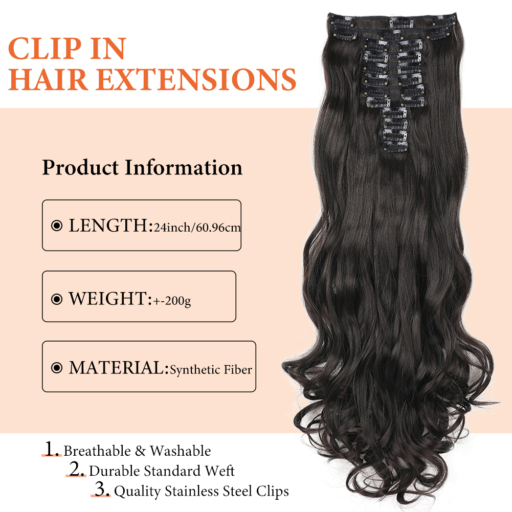 Wholesale & Custom 24 Inch Body Wave Clip in Hair Extensions, 12PCS Synthetic Wavy Hair Set with Stainless Steel Clips