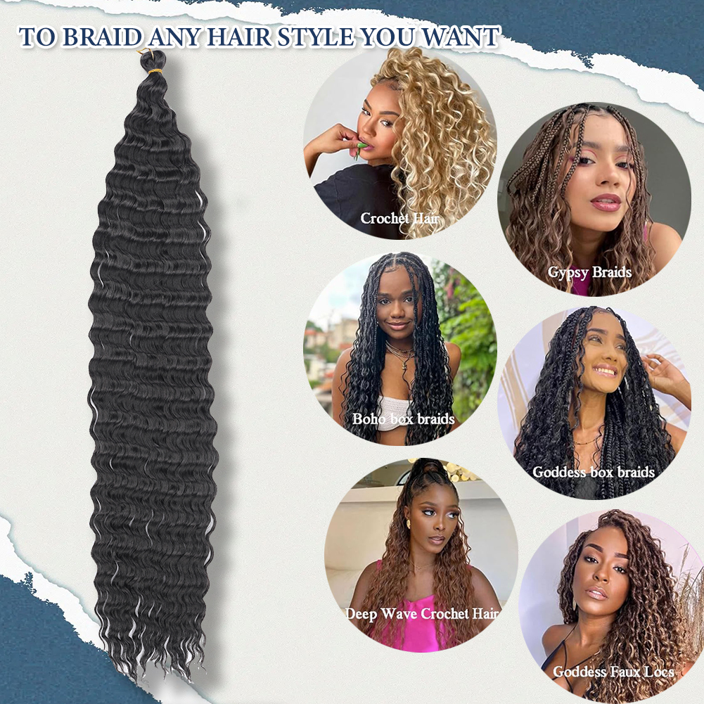 Wholesale & Custom 30&22 Inch Deep Wave Braiding Hair, Pre-Divided Synthetic Deep Wave Crochet Hair Extensions