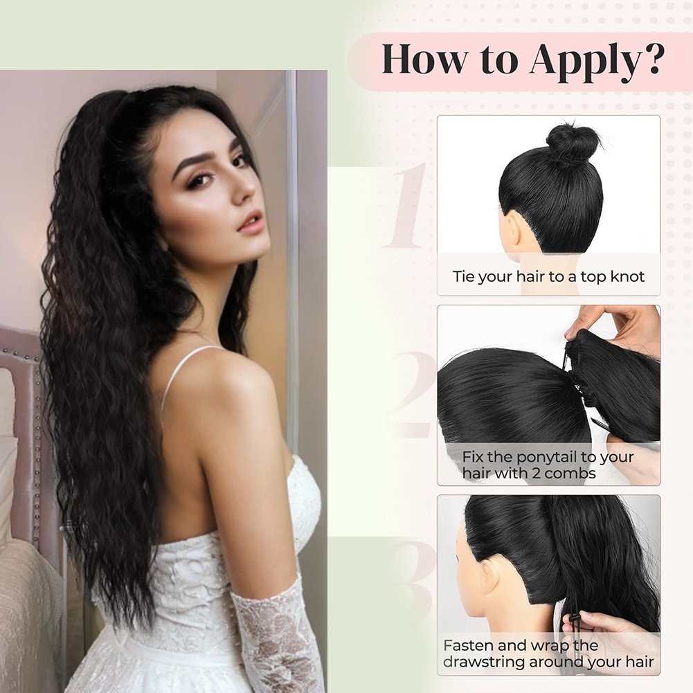 Wholesale & Custom 24 Inch Water Wave Drawstring Ponytail, Synthetic Wavy Ponytail Hair Extension