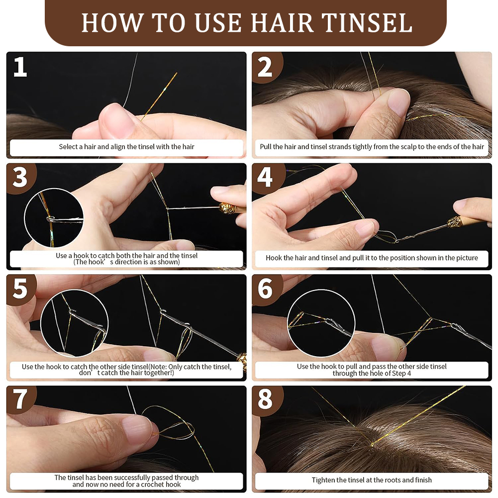 Wholesale & Custom 12-Color Hair Tinsel Kit, 24 Inch Shiny Glitter Hair Extensions with Installation Tools