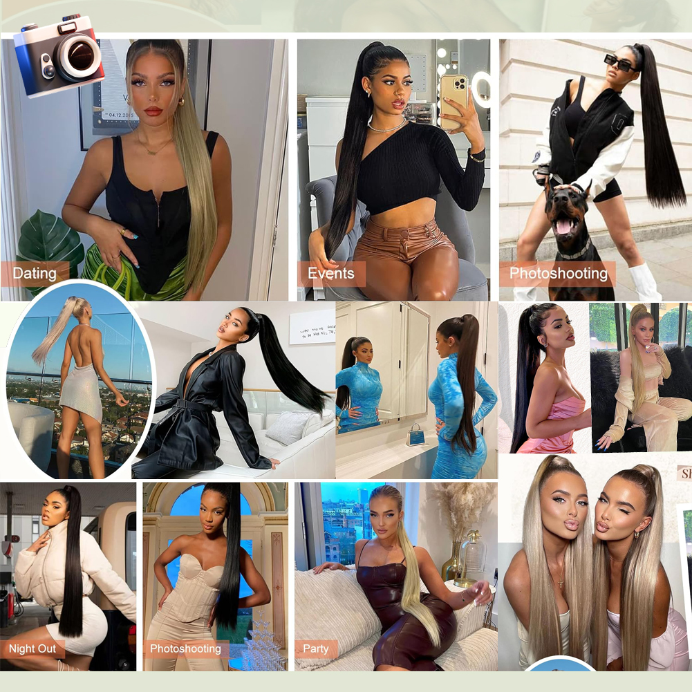 Wholesale & Custom 20 Inch Straight Claw Clip Ponytail, 16-Tooth Gripper Synthetic Long Ponytail Extension