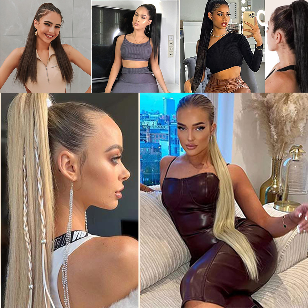 Wholesale & Custom 24 Inch Straight Drawstring Ponytail, Silky Synthetic Long Ponytail Hair Extension