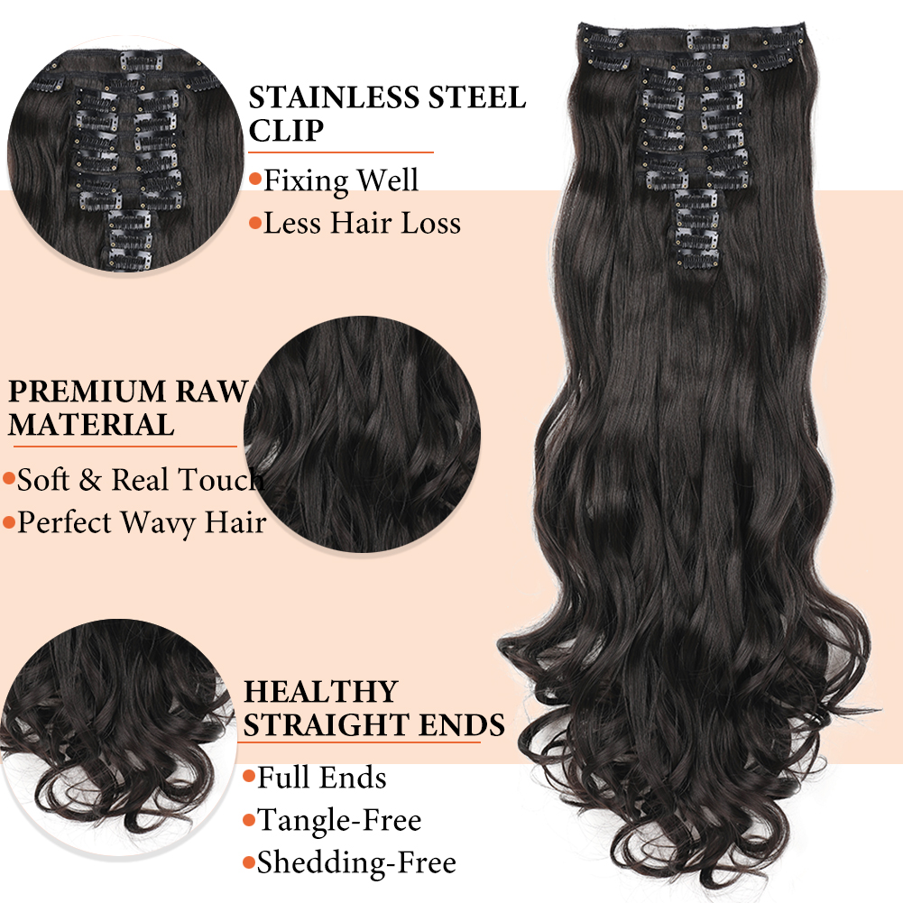 Wholesale & Custom 24 Inch Body Wave Clip in Hair Extensions, 12PCS Synthetic Wavy Hair Set with Stainless Steel Clips