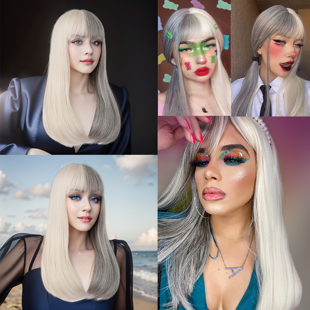 Wholesale & Custom 18 Inch Two-Tone Straight Wig with Bangs, Blonde & Grey Synthetic Long Straight Wig with Middle Part
