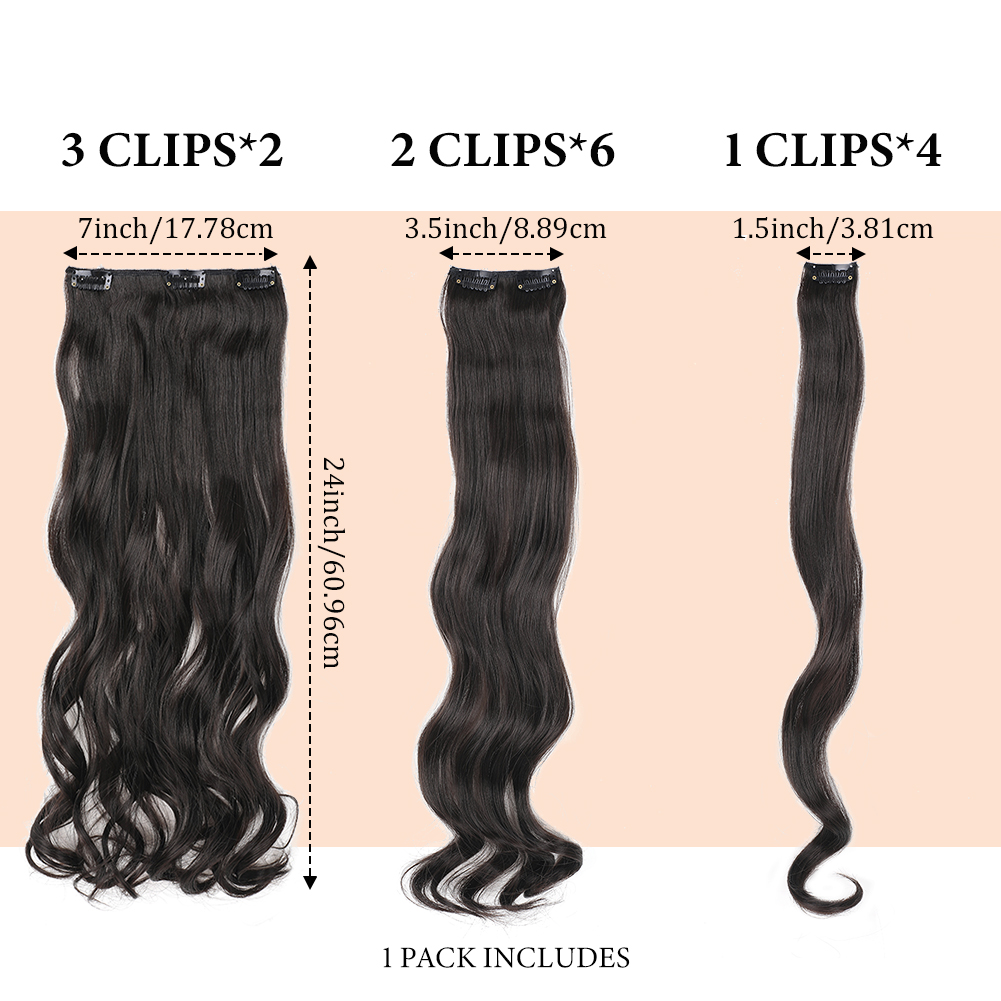 Wholesale & Custom 24 Inch Body Wave Clip in Hair Extensions, 12PCS Synthetic Wavy Hair Set with Stainless Steel Clips