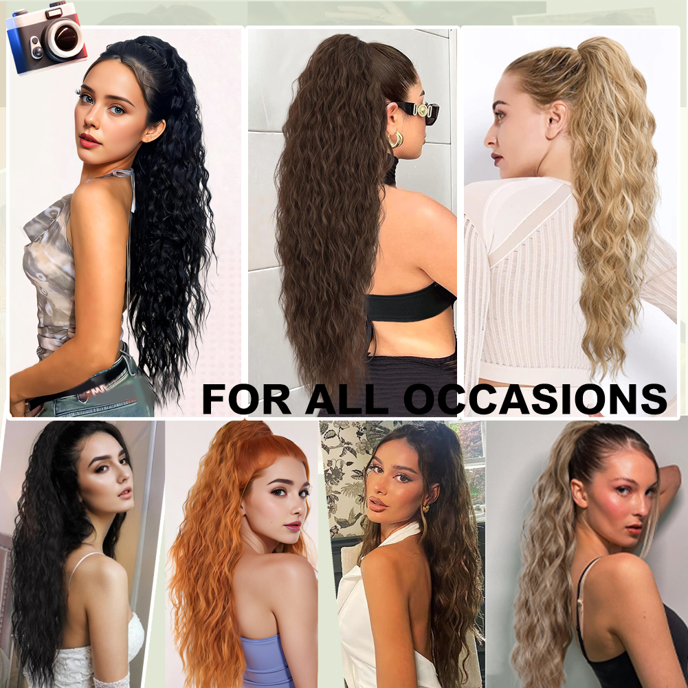 Wholesale & Custom 24 Inch Water Wave Drawstring Ponytail, Synthetic Wavy Ponytail Hair Extension