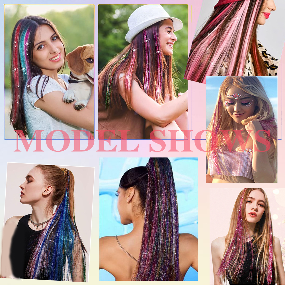 Wholesale & Custom 12-Color Hair Tinsel Kit, 24 Inch Shiny Glitter Hair Extensions with Installation Tools