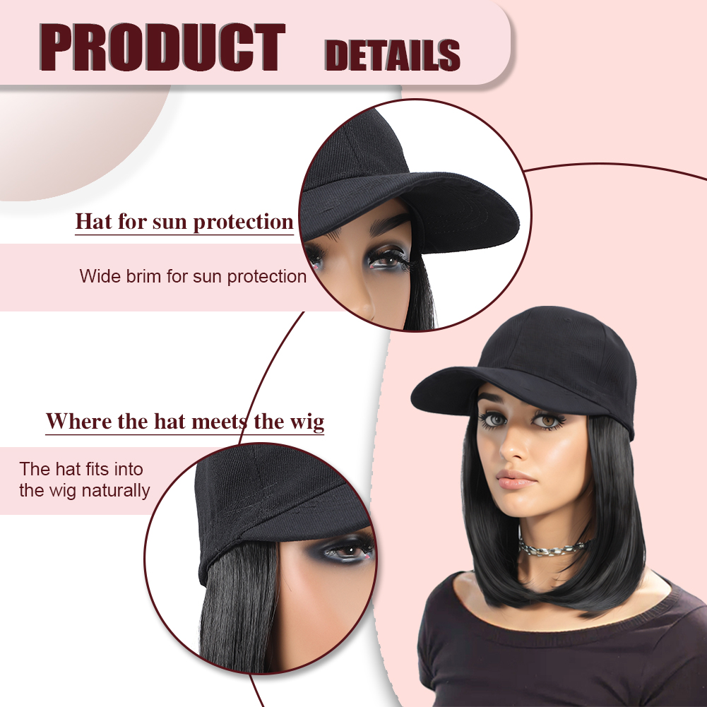 Wholesale & Custom Baseball Cap Bob Wig, Synthetic Short Straight All-in-One Hat Hairpiece