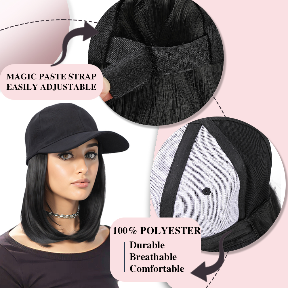 Wholesale & Custom Baseball Cap Bob Wig, Synthetic Short Straight All-in-One Hat Hairpiece