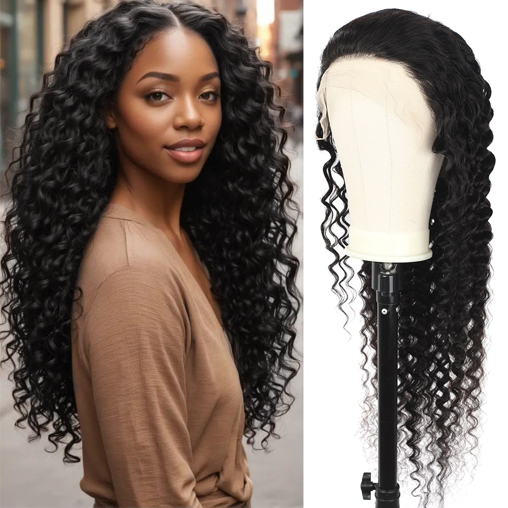 Wholesale & Custom 13×4 Lace Front Deep Wave Wig 100% Human Hair Natural Black Long Curly Wigs