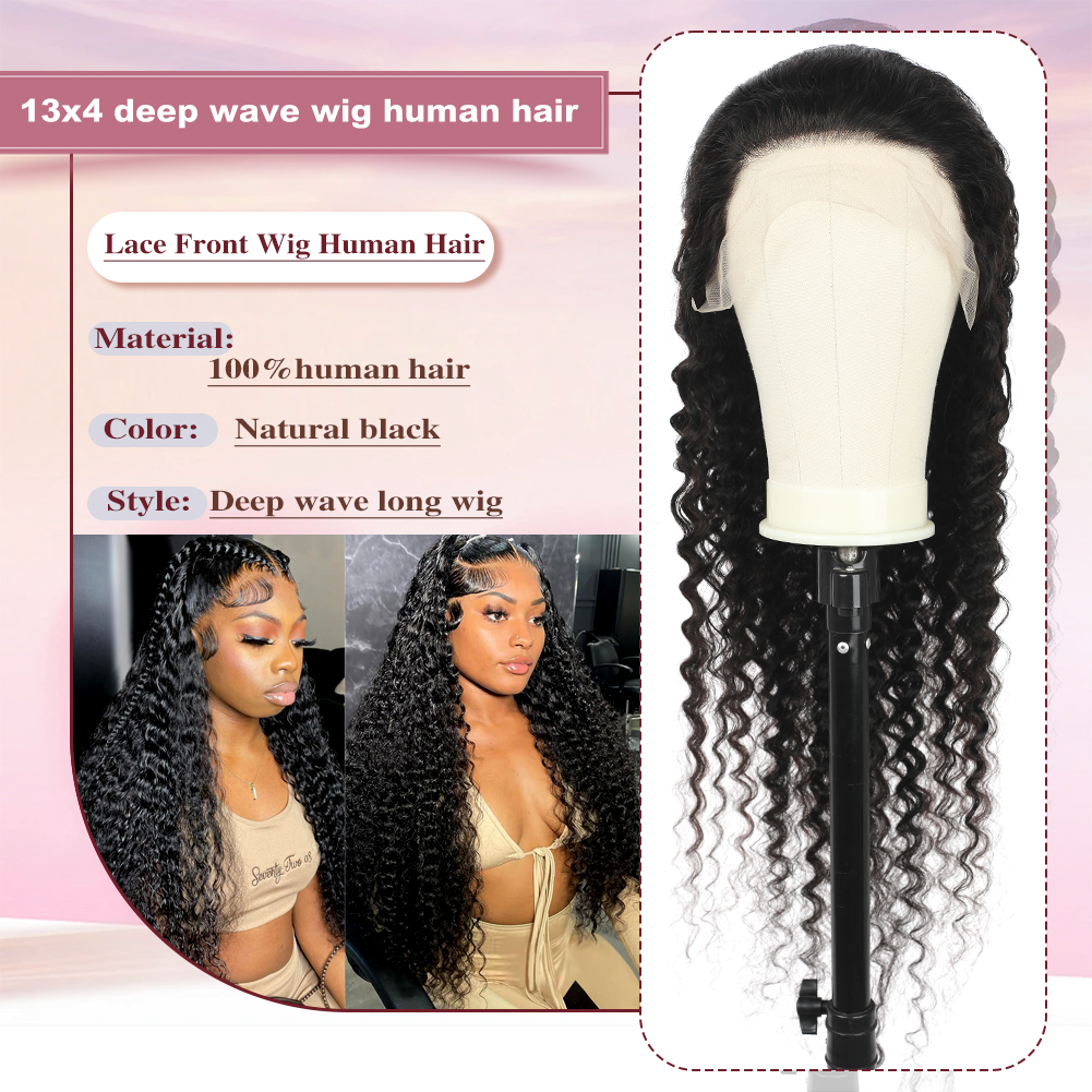 Wholesale & Custom 13×4 Lace Front Deep Wave Wig 100% Human Hair Natural Black Long Curly Wigs