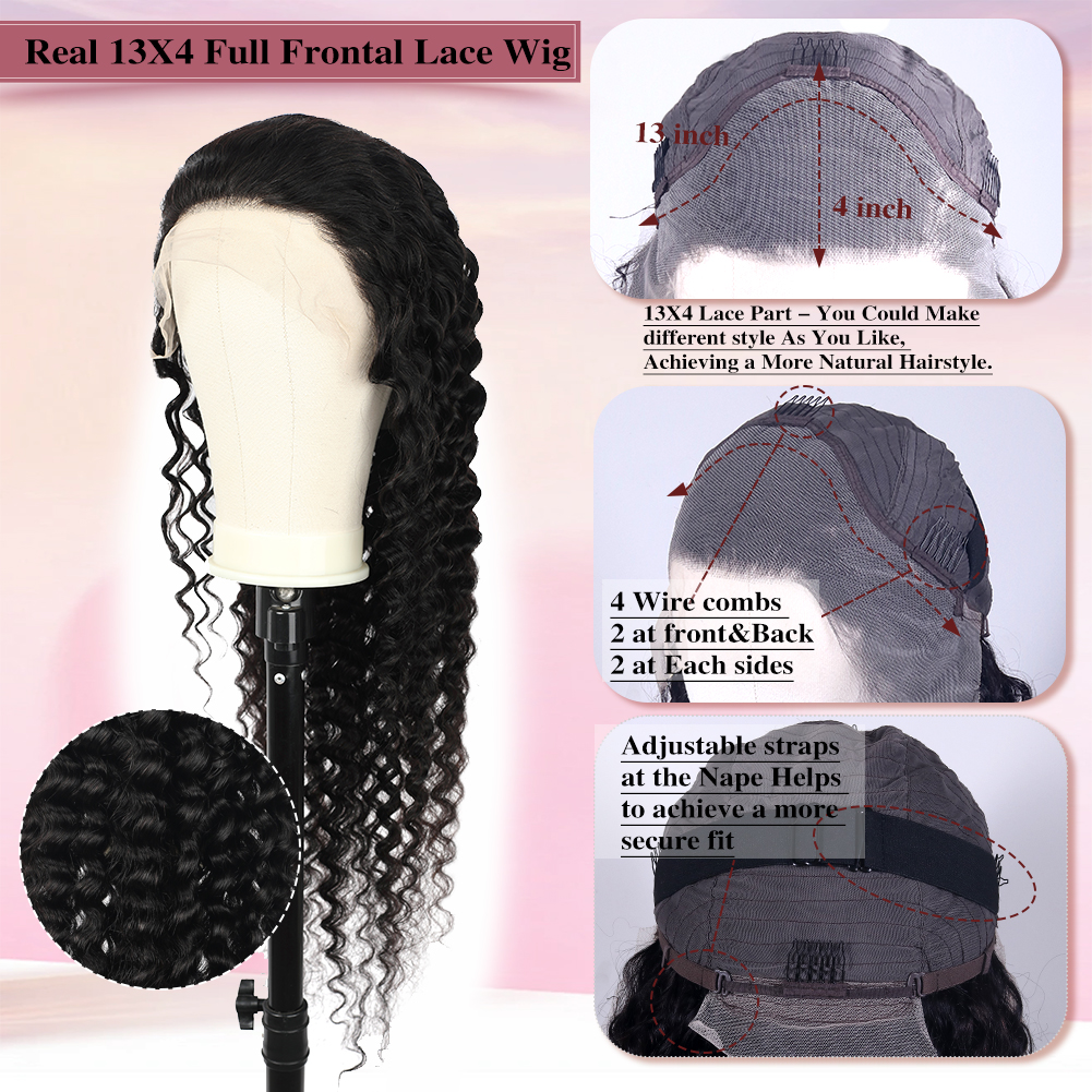 Wholesale & Custom 13×4 Lace Front Deep Wave Wig 100% Human Hair Natural Black Long Curly Wigs