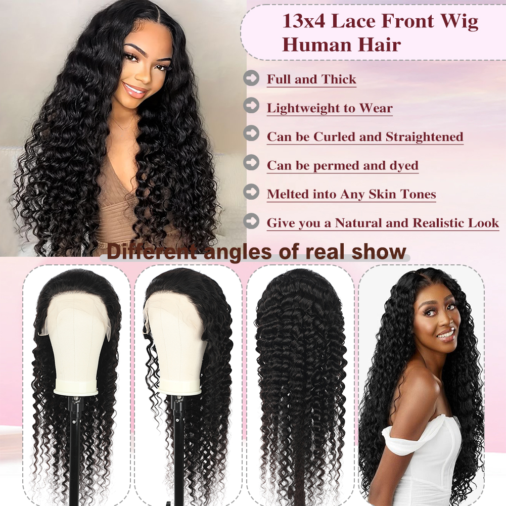 Wholesale & Custom 13×4 Lace Front Deep Wave Wig 100% Human Hair Natural Black Long Curly Wigs