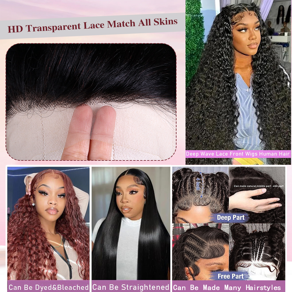Wholesale & Custom 13×4 Lace Front Deep Wave Wig 100% Human Hair Natural Black Long Curly Wigs