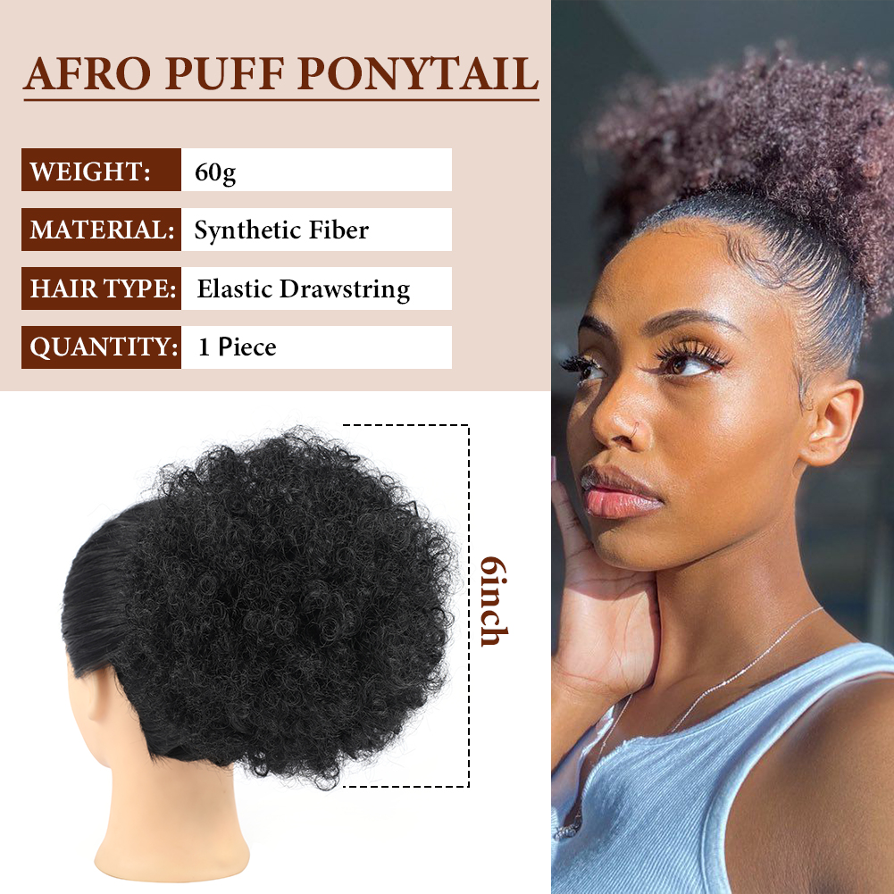 Wholesale & Custom 6 Inch Afro Puff Ponytail, Kinky Curly Synthetic Bun Hair Piece with Drawstring hair