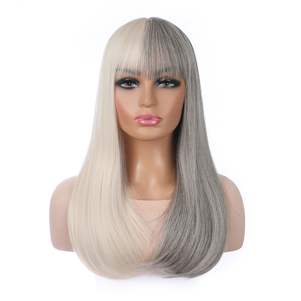 Wholesale & Custom 18 Inch Two-Tone Straight Wig with Bangs, Blonde & Grey Synthetic Long Straight Wig with Middle Part