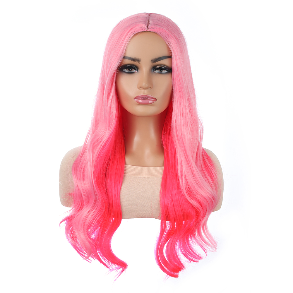 Wholesale & Custom 26 Inch Ombre Pink Wavy Wig, Synthetic Long Curly Wig with Realistic Parting & Adjustable Cap