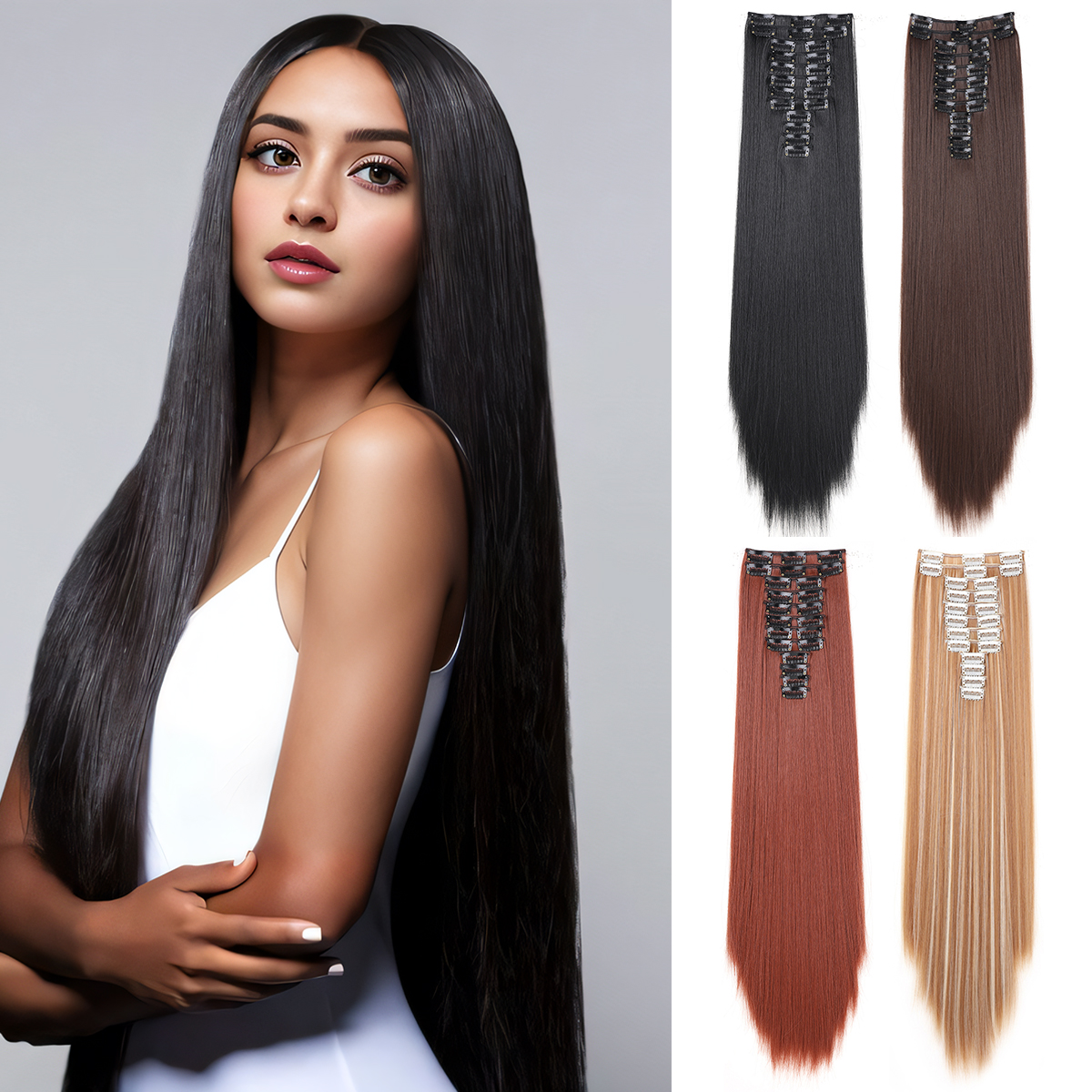 Wholesale & Custom 20 Inch Straight Clip in Hair Extensions, 12PCS Synthetic Hair Set with Stainless Steel Clips