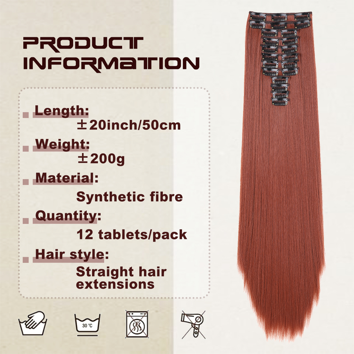 Wholesale & Custom 20 Inch Straight Clip in Hair Extensions, 12PCS Synthetic Hair Set with Stainless Steel Clips