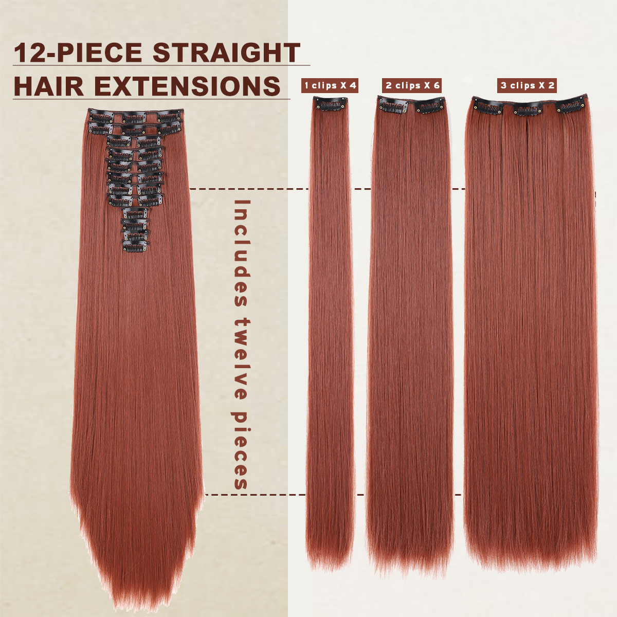 Wholesale & Custom 20 Inch Straight Clip in Hair Extensions, 12PCS Synthetic Hair Set with Stainless Steel Clips
