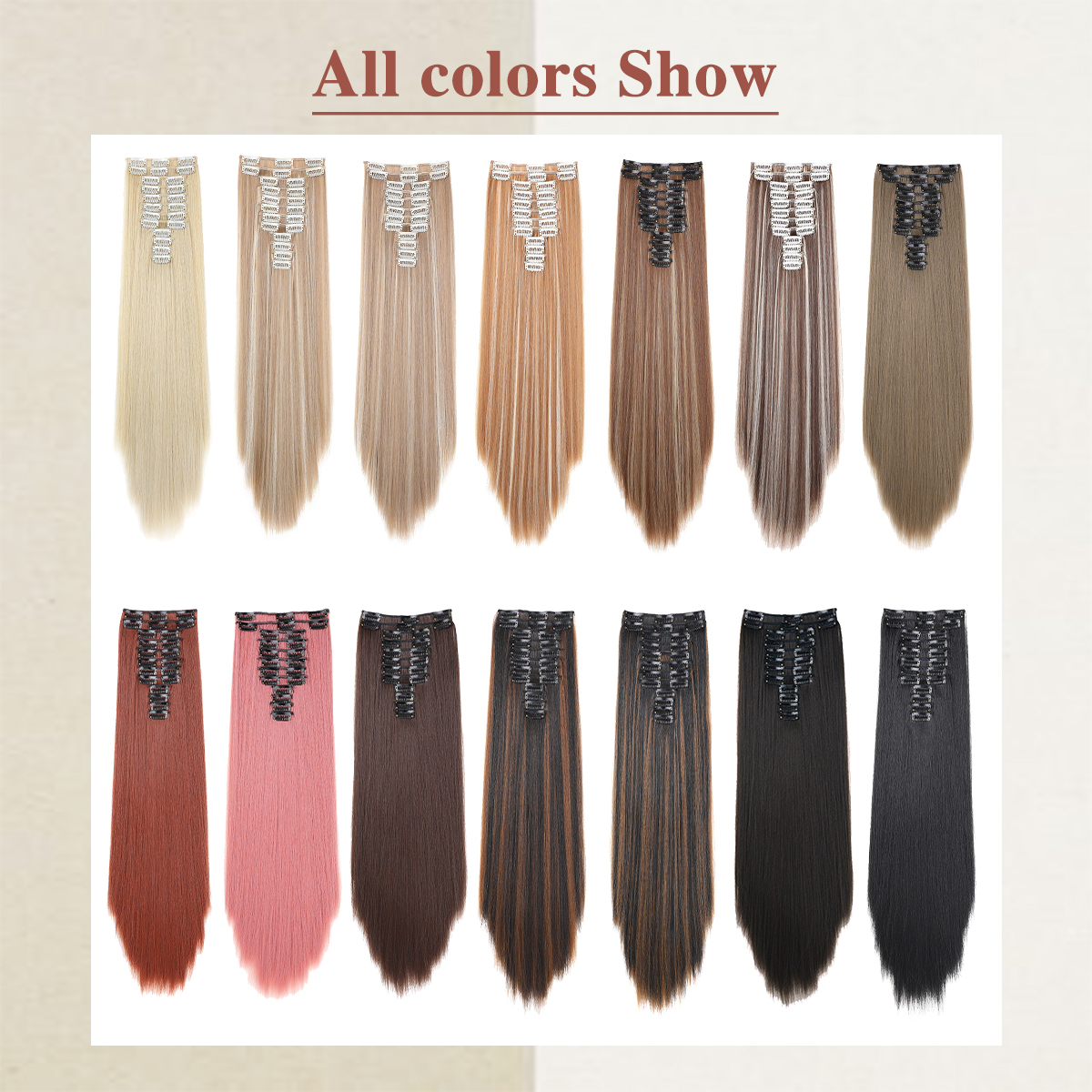 Wholesale & Custom 20 Inch Straight Clip in Hair Extensions, 12PCS Synthetic Hair Set with Stainless Steel Clips