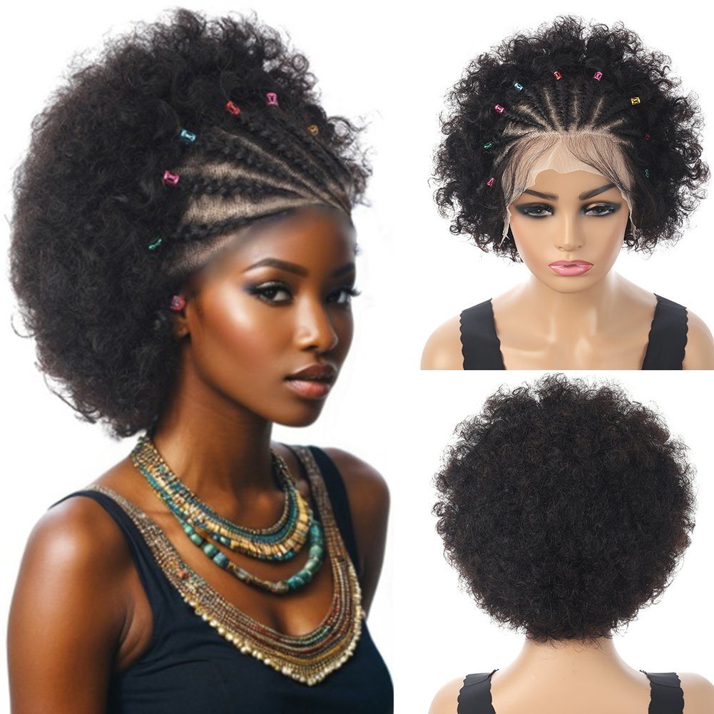 Wholesale & Custom 13×4 Lace Front Afro Braid Wig 100% Human Hair Black Short Afro Wigs