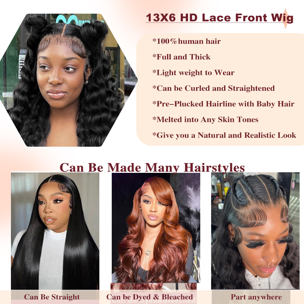 Wholesale & Custom 13x6 HD Lace Front Wig, 100% Human Hair Body Wave Wig with Pre-Plucked Baby Hair