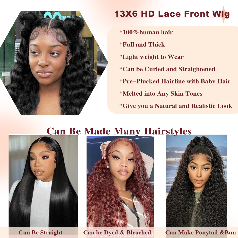 Wholesale & Custom 13x6 HD Lace Front Deep Wave Wig, 100% Human Hair Curly Wig with Pre-Plucked Baby Hair