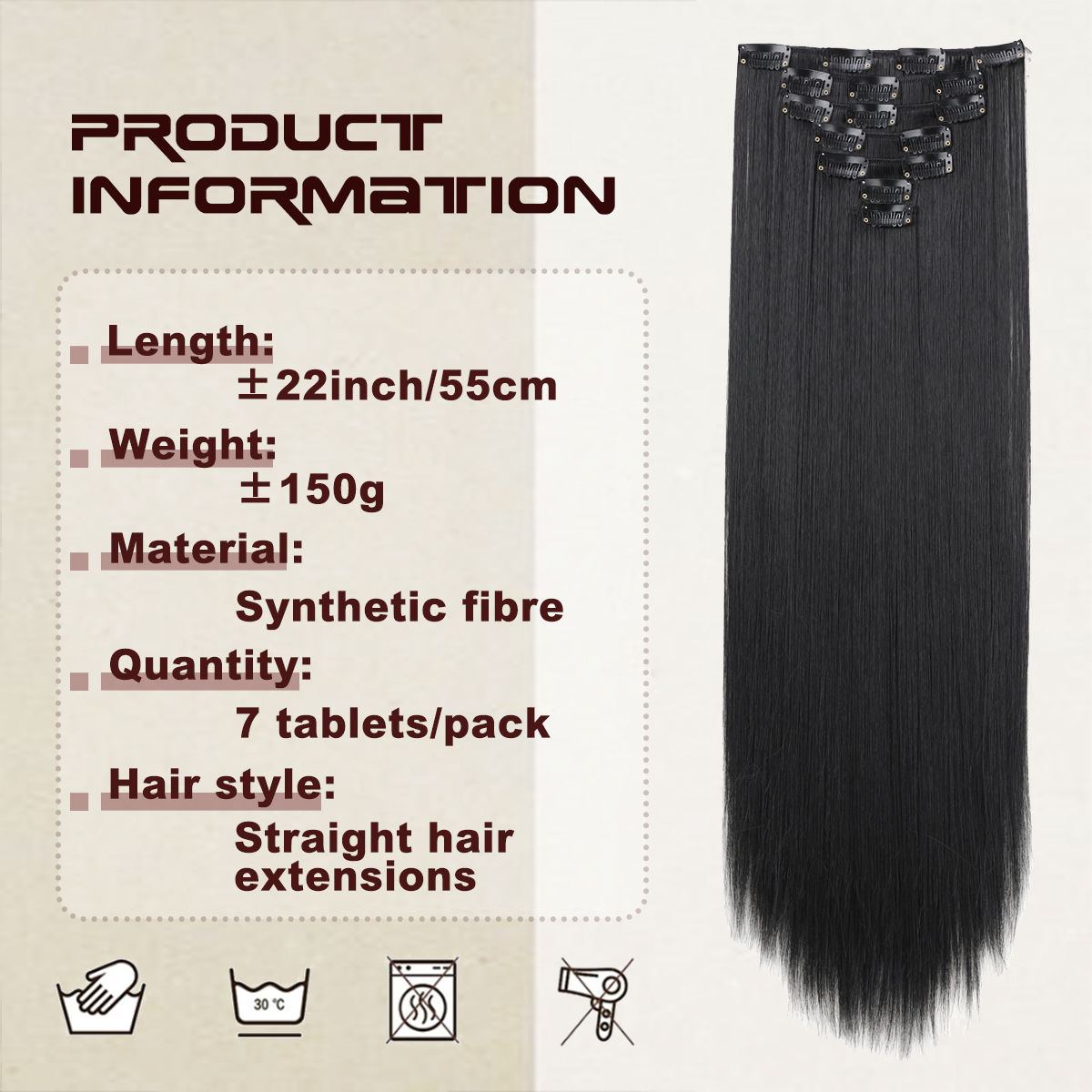 Wholesale & Custom 7PCS Straight Clip in Hair Extensions, Synthetic Straight Clip-on Hair with Stainless Steel Snap Clips