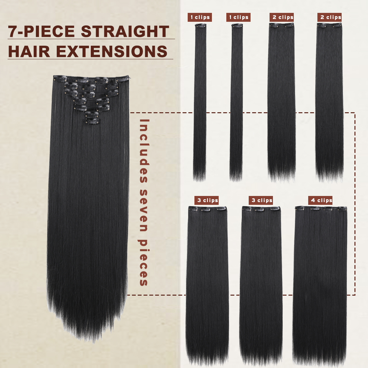 Wholesale & Custom 7PCS Straight Clip in Hair Extensions, Synthetic Straight Clip-on Hair with Stainless Steel Snap Clips