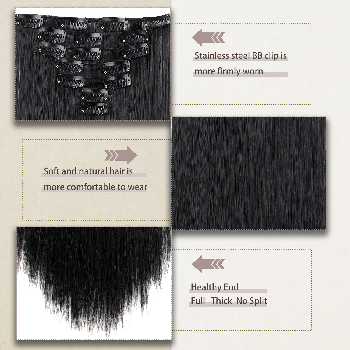Wholesale & Custom 7PCS Straight Clip in Hair Extensions, Synthetic Straight Clip-on Hair with Stainless Steel Snap Clips