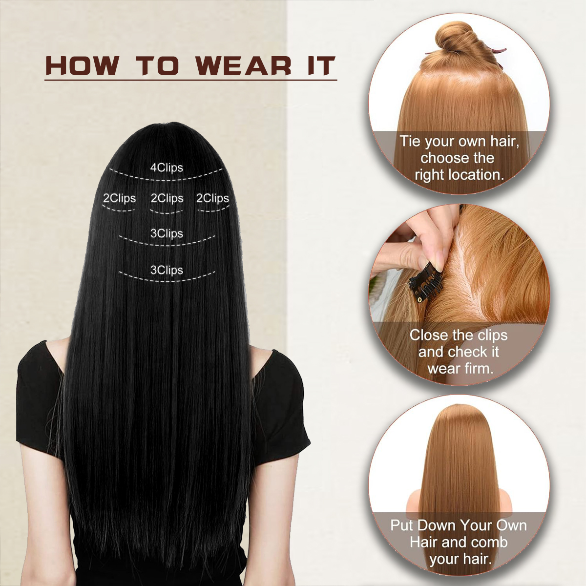Wholesale & Custom 7PCS Straight Clip in Hair Extensions, Synthetic Straight Clip-on Hair with Stainless Steel Snap Clips