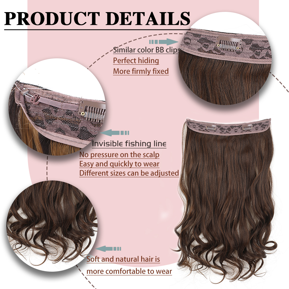 Wholesale & Custom 18 Inch Wavy Fishing Line Hair Extensions, Invisible Halo Synthetic Curly Hairpiece with BB Clips