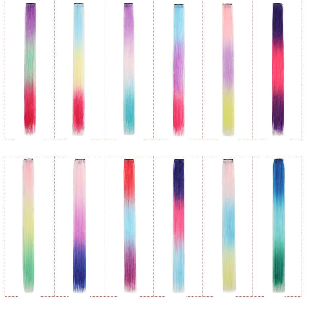 Wholesale & Custom 18 Inch Rainbow Gradient Clip in Hair Extensions, 1PCS Straight Synthetic Color Streaks with BB Clips