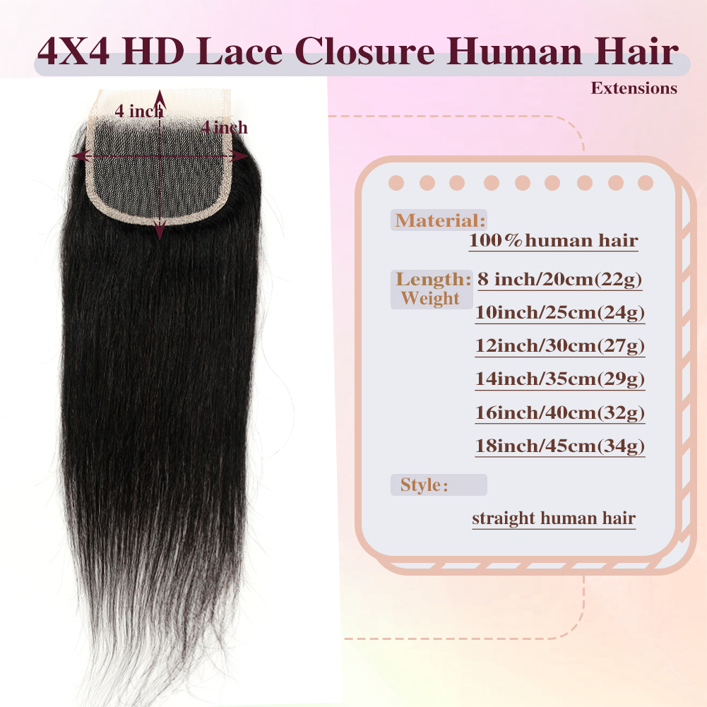 Wholesale & Custom Available. This 4x4 HD lace closure is made of 100% virgin human hair, pre-plucked natural hairline, soft shiny & bouncy. It can be dyed and curled freely, supports free parting. Multiple lengths for your selection
