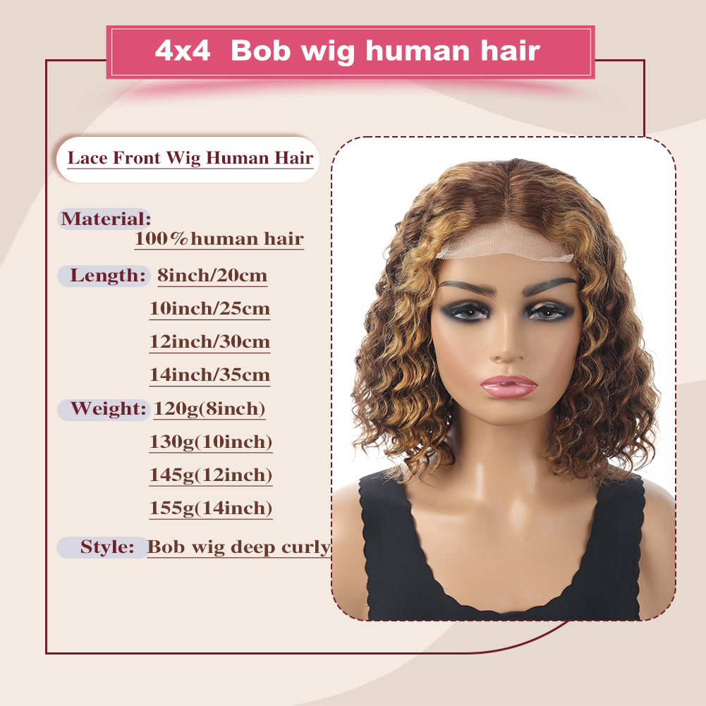 Wholesale & Custom 4×4 Lace Front Curly Bob Wig 100% Human Hair P4/30 Deep Wave Short Bob Wigs