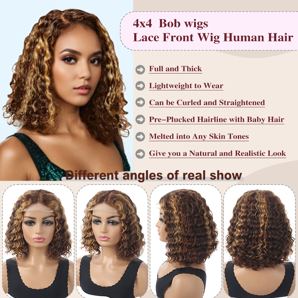 Wholesale & Custom 4×4 Lace Front Curly Bob Wig 100% Human Hair P4/30 Deep Wave Short Bob Wigs
